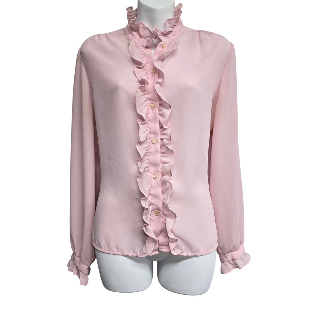Vintage Joanna Pink Ruffle High Neck Blouse Long Sleeve‎ Button Front Top